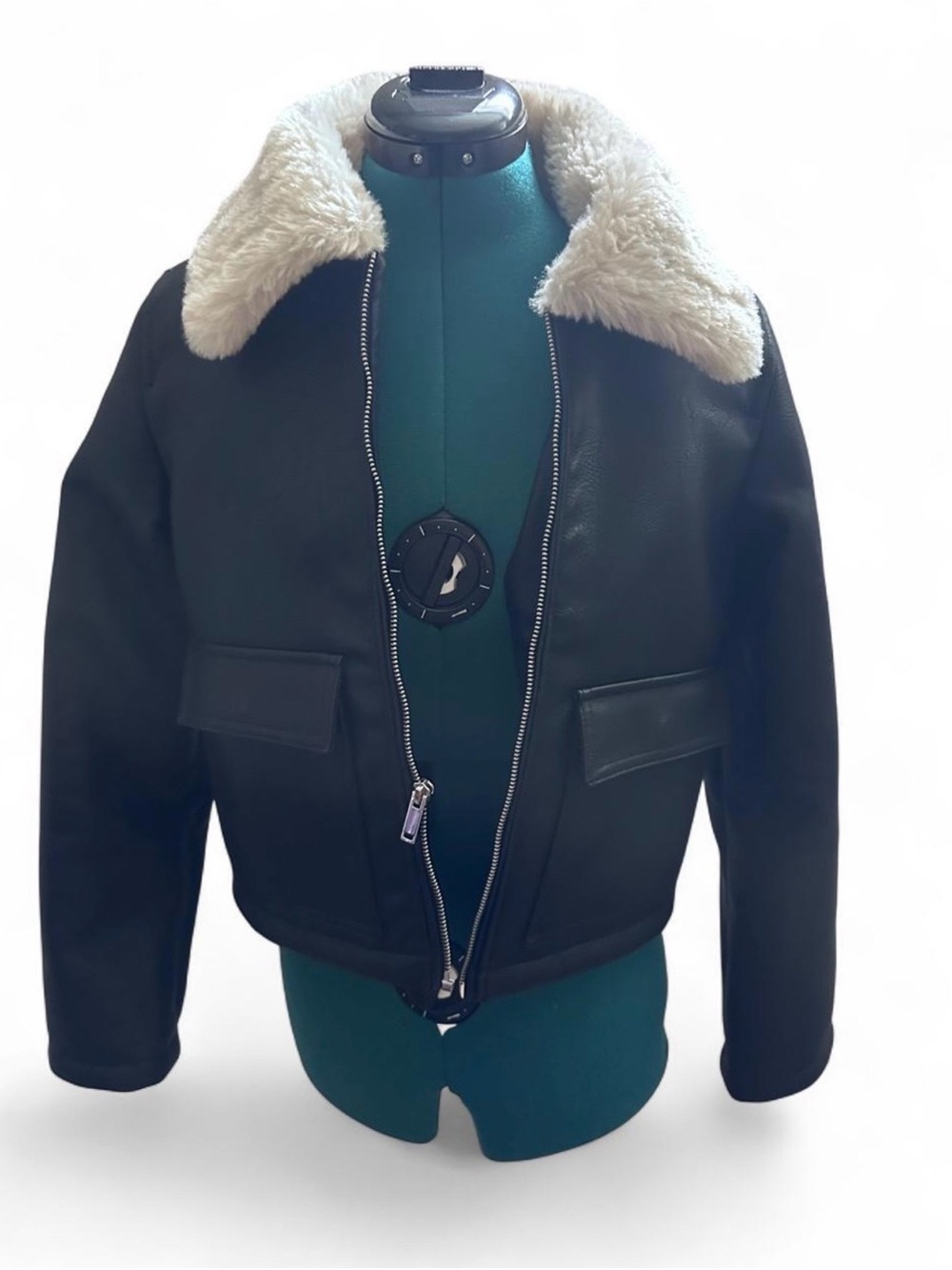 Abercrombie & Fitch Black Faux-Leather Jacket with Cream Faux-Shearling Collar